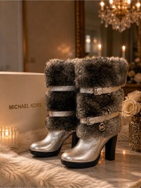 Michael Kors Carlie gunmetal silver leather faux fur heels boots 8.5